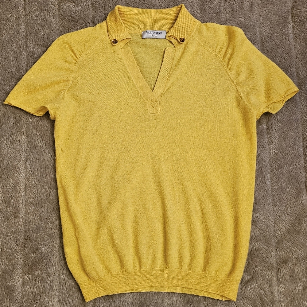 Valentino all cashmere top with rhinestones and ruche detail on sleeves
